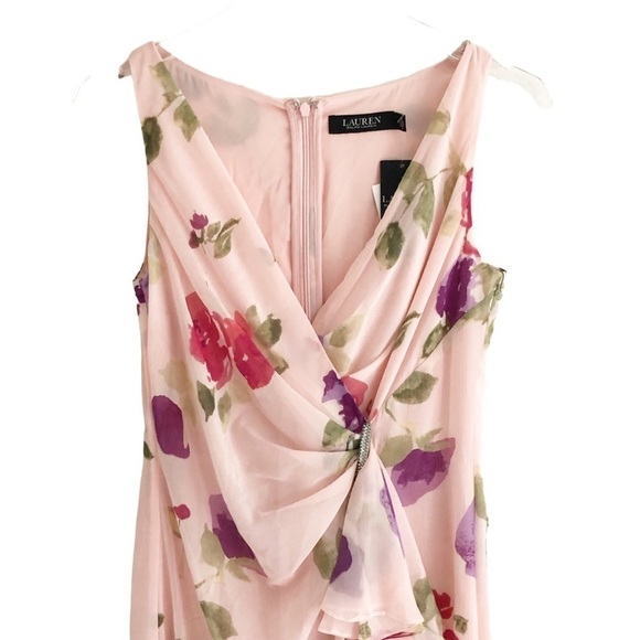 Lauren Ralph Lauren Pink Floral Georgette Gown Gathered Gem Waist Size 2 - Picture 7 of 12
